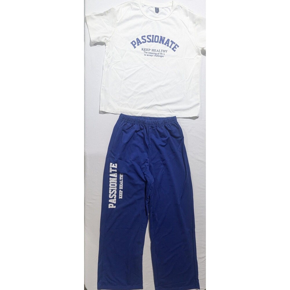 SHEIN Passionate Keep Healthy 2pc Set Sz M Tee & Navy Pants NWT